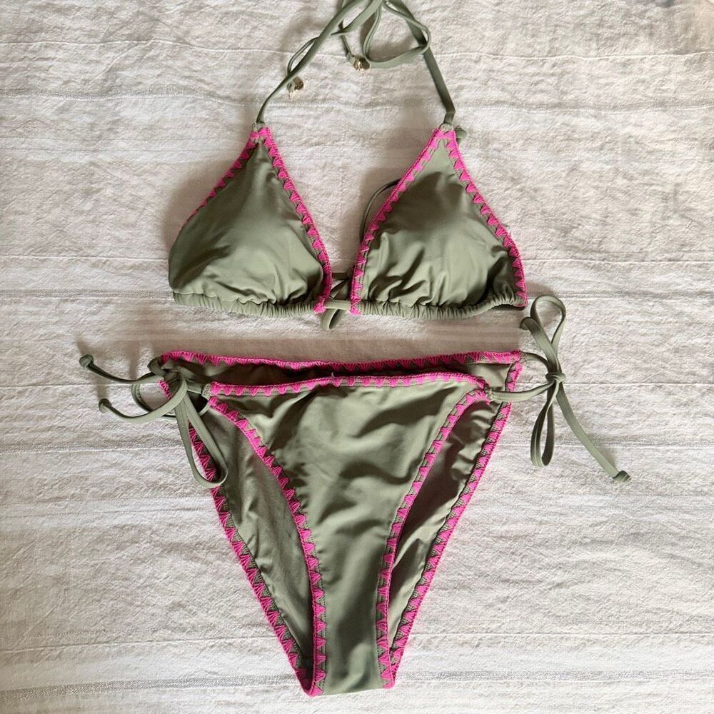 Milly Whipstitch Detail Crochet Triangle Bikini S Green